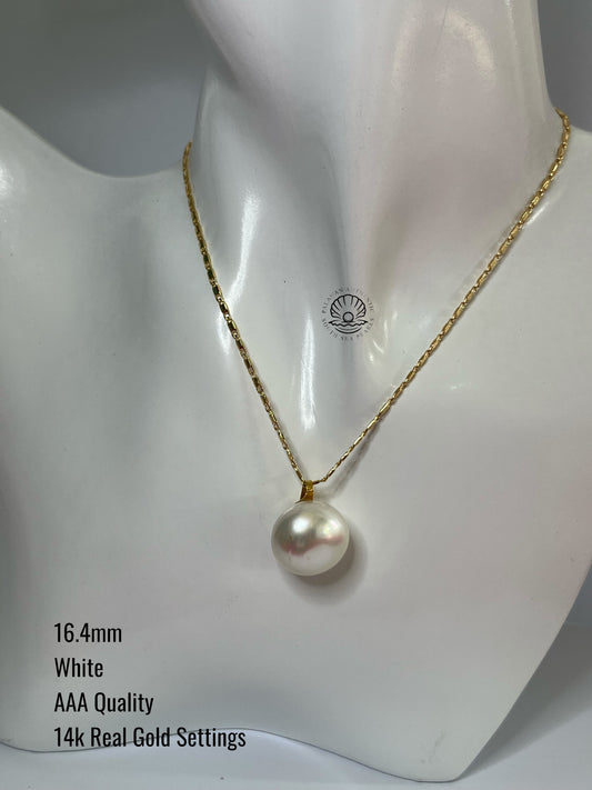 16.4mm Palawan Authentic White Color South Sea Pearl Pendant in 14k Real Gold Settings
