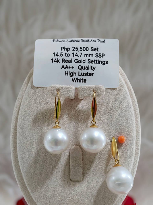 14.5mm to 14.7mm Authentic White South Sea Pearls Set in 14K Gold