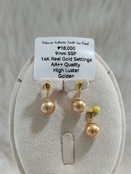 New Arrival! 9mm Authentic Golden South Sea Pearls Set in 14k Gold Settings