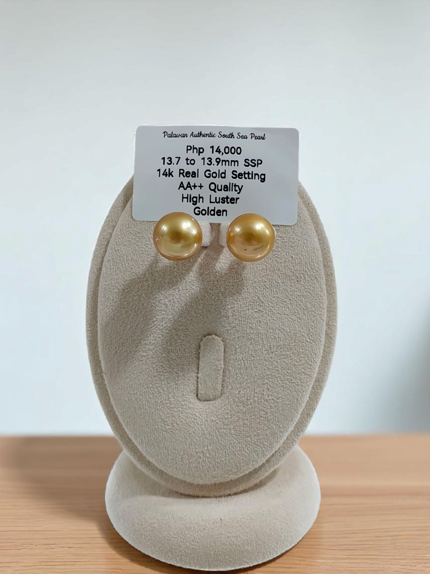 New Arrival! 13.7mm to 13.9mm Authentic Golden South Sea Pearls Earrings in 14k Gold Settings