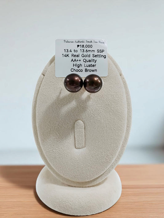 New Arrival! 13.4mm to 13.6mm Authentic Choco Brown Color South Sea Pearls Earrings in 14K Gold Settings