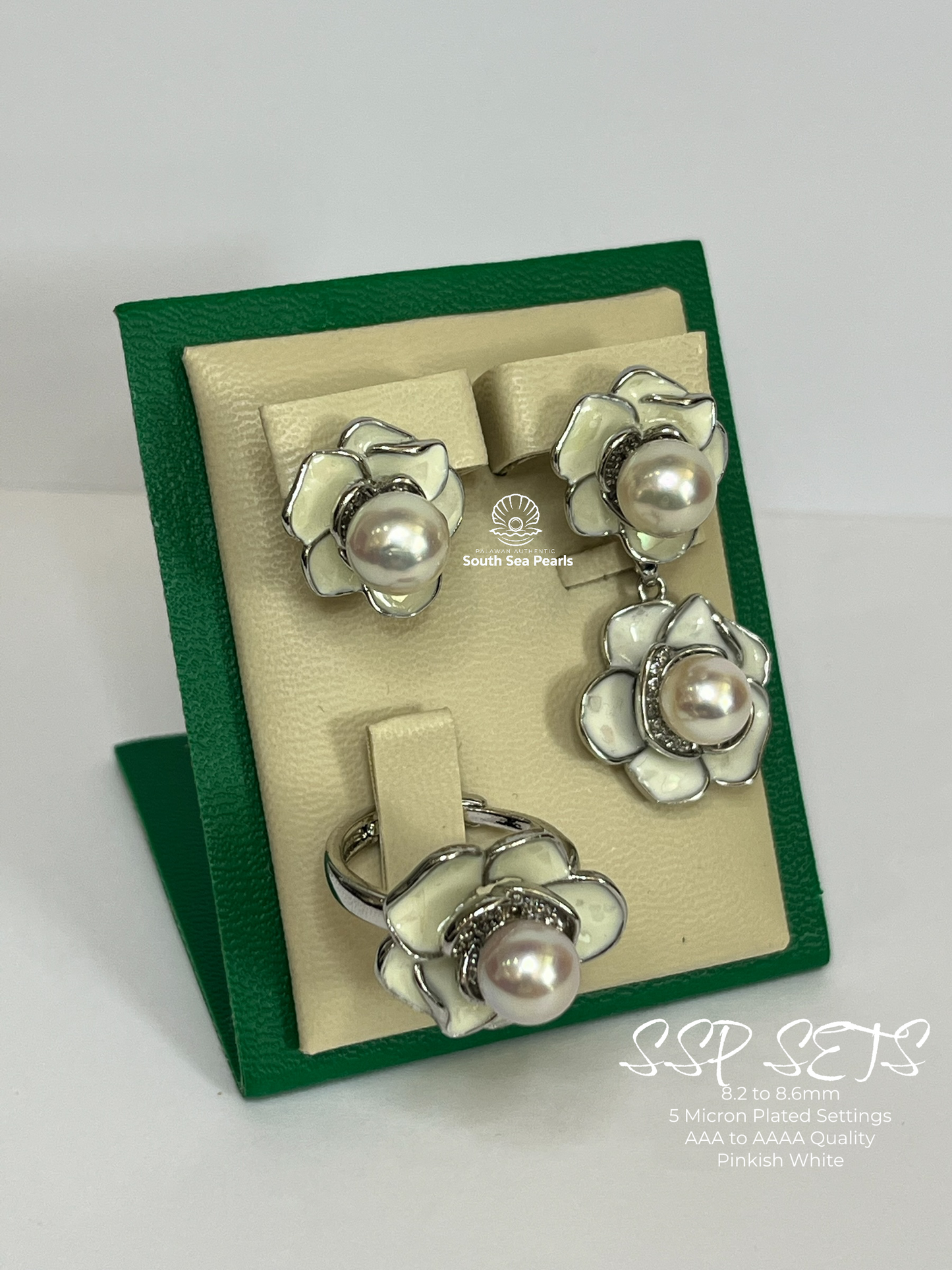 8.2 to 8.6mm Palawan Authentic Pinkish White Color South Sea Pearl  Sets in 5 Micron Plated Settings