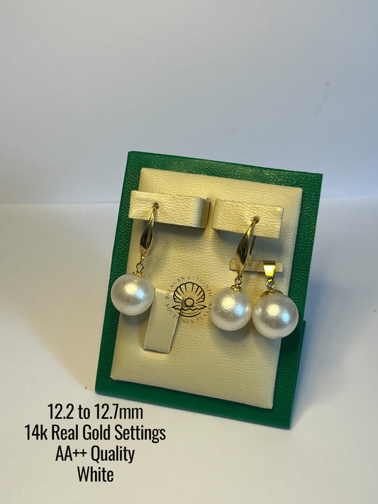 12.2 to 12.7mm Palawan Authentic White Color South Sea Pearl Sets in 14k Real Gold Settings