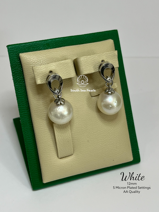 12mm Palawan Authentic White Color South Sea Pearl Earrings in 5 Micron Plated Settings