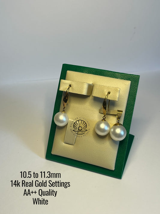 10.5 to 11.3mm Palawan Authentic White Color South Sea Pearl Sets in 14k Real Gold Settings