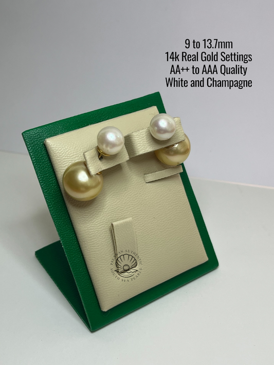 9 to 13.7mm Palawan Authentic White and Champagne Color South Sea Pearl in 14k Real Gold Settings