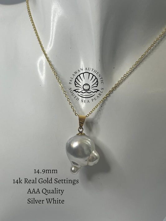 14.9mm Palawan Authentic Silver White Color South Sea Pearl Pendant in 14k Real Gold Settings