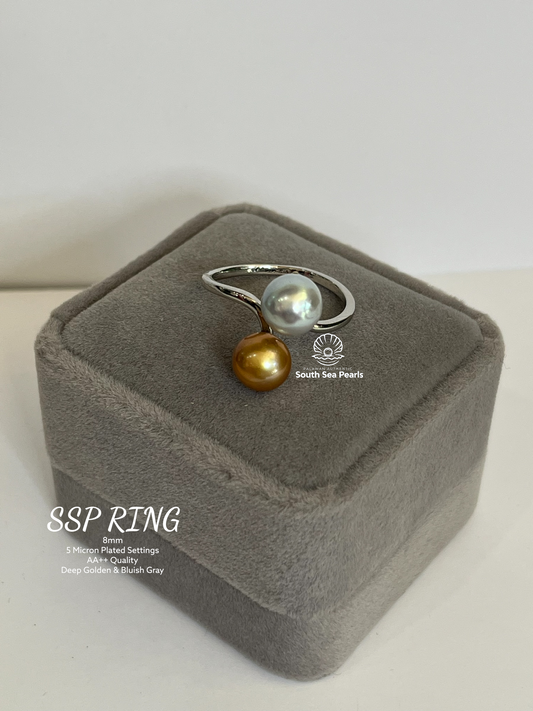 8mm Palawan Authentic Deep Golden & Bluish Gray Color South Sea Pearl Ring in 5 Micron Plated Settings