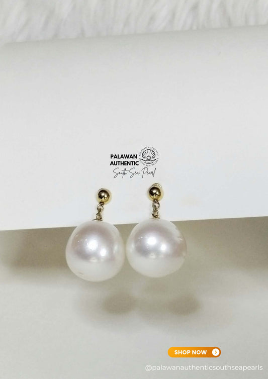 15.7 to 15.8mm Palawan Authentic Pinkish White Color South Sea Pearl Earrings in 14k Real Gold Settings