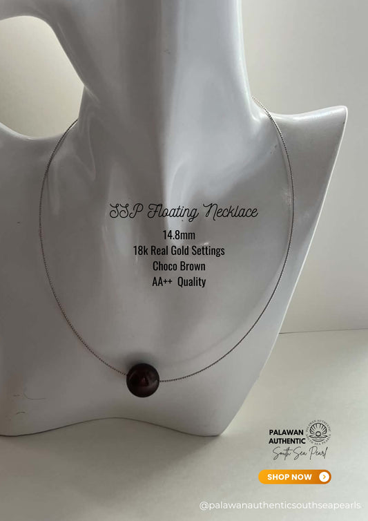 14.8mm Palawan Authentic Choco Brown Color South Sea Pearl Floating Necklace in 18k Real Gold Settings