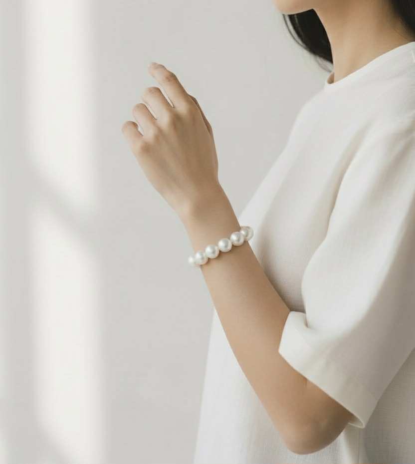 10.7 to 12.5mm Palawan Authentic White and Light Champagne Color SOuth Sea Pearl Bracelet in 5 Micron Lock Settings