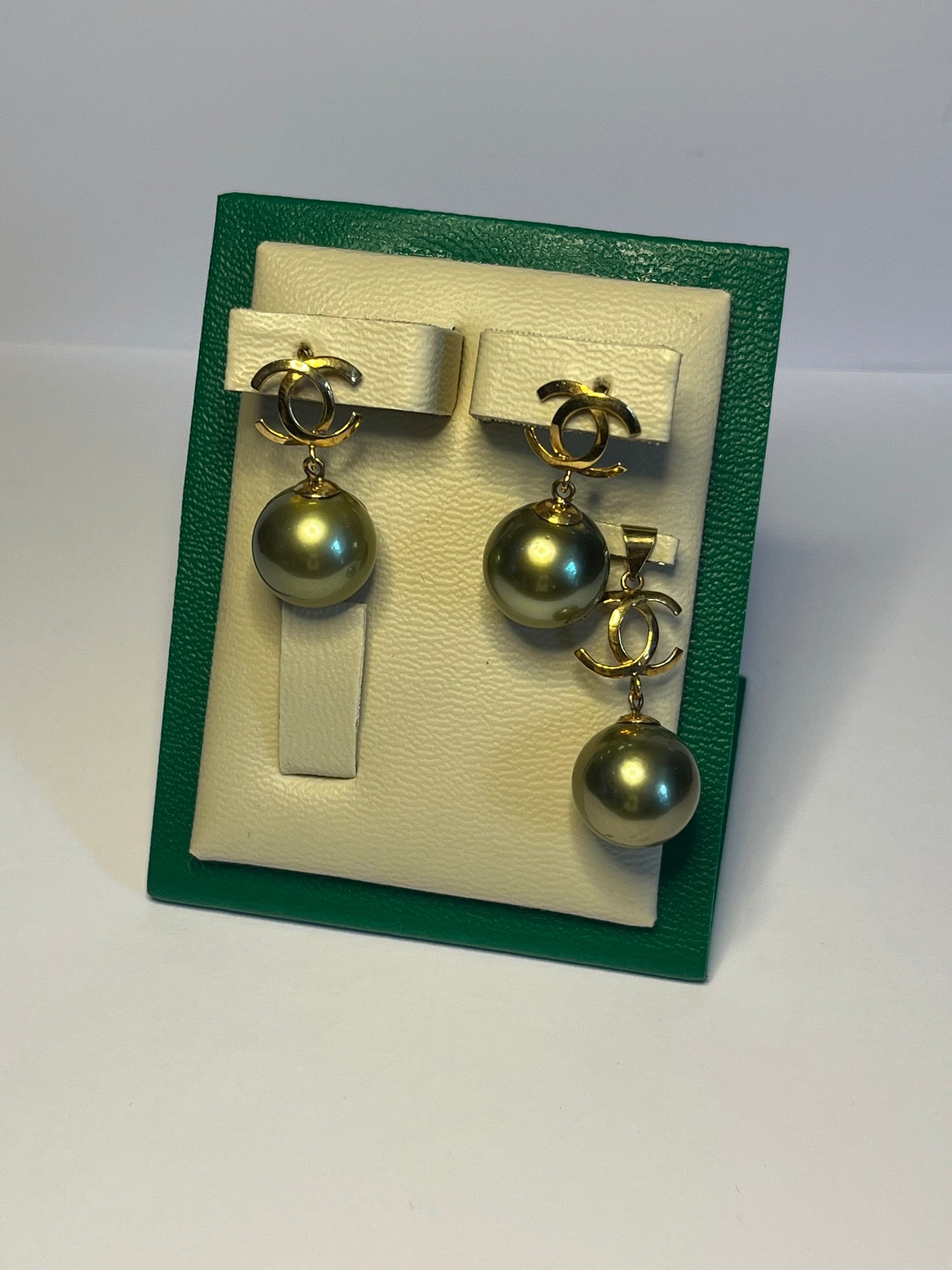 12 to 12.5mm Palawan Authentic Pistachio Green Color South Sea Pearl Sets in 14k Real Gold Settings