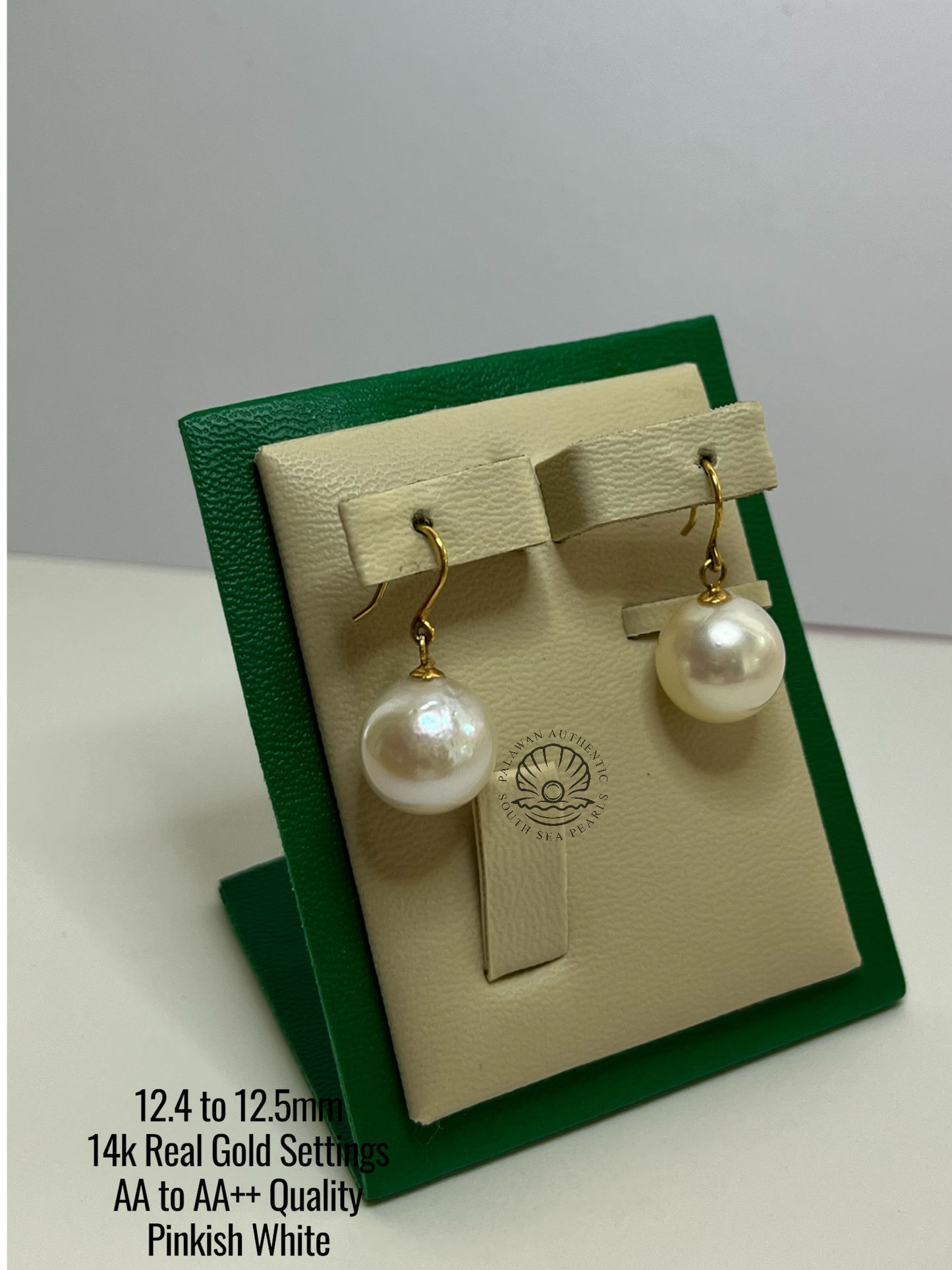 12.4 to 12.5mm Palawan Authentic Pinkish White Color South Sea Pearl Earrings in 14k Real Gold Settings