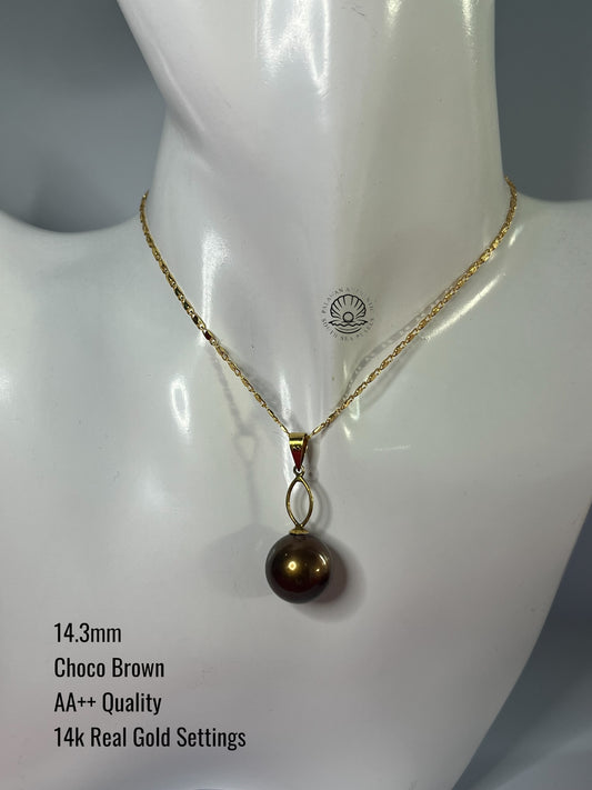 14.3mm Palawan Authentic Choco Brown Color South Sea Pearl Pendant in 14k Real Gold Settings