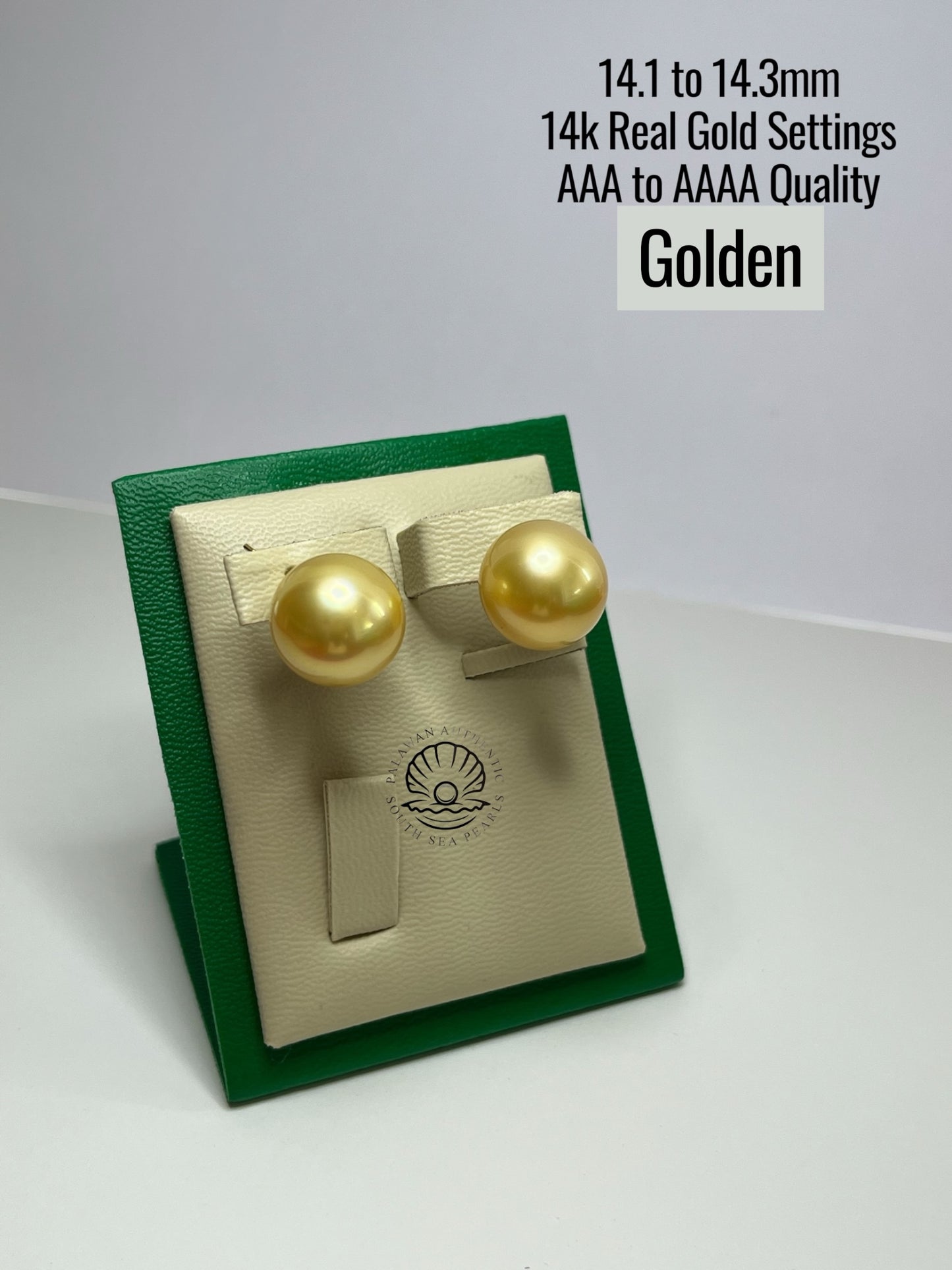 14.1 to 14.3mm Palawan Authentic Golden Color South Sea Pearl Earrings in 14k Real Gold Settings
