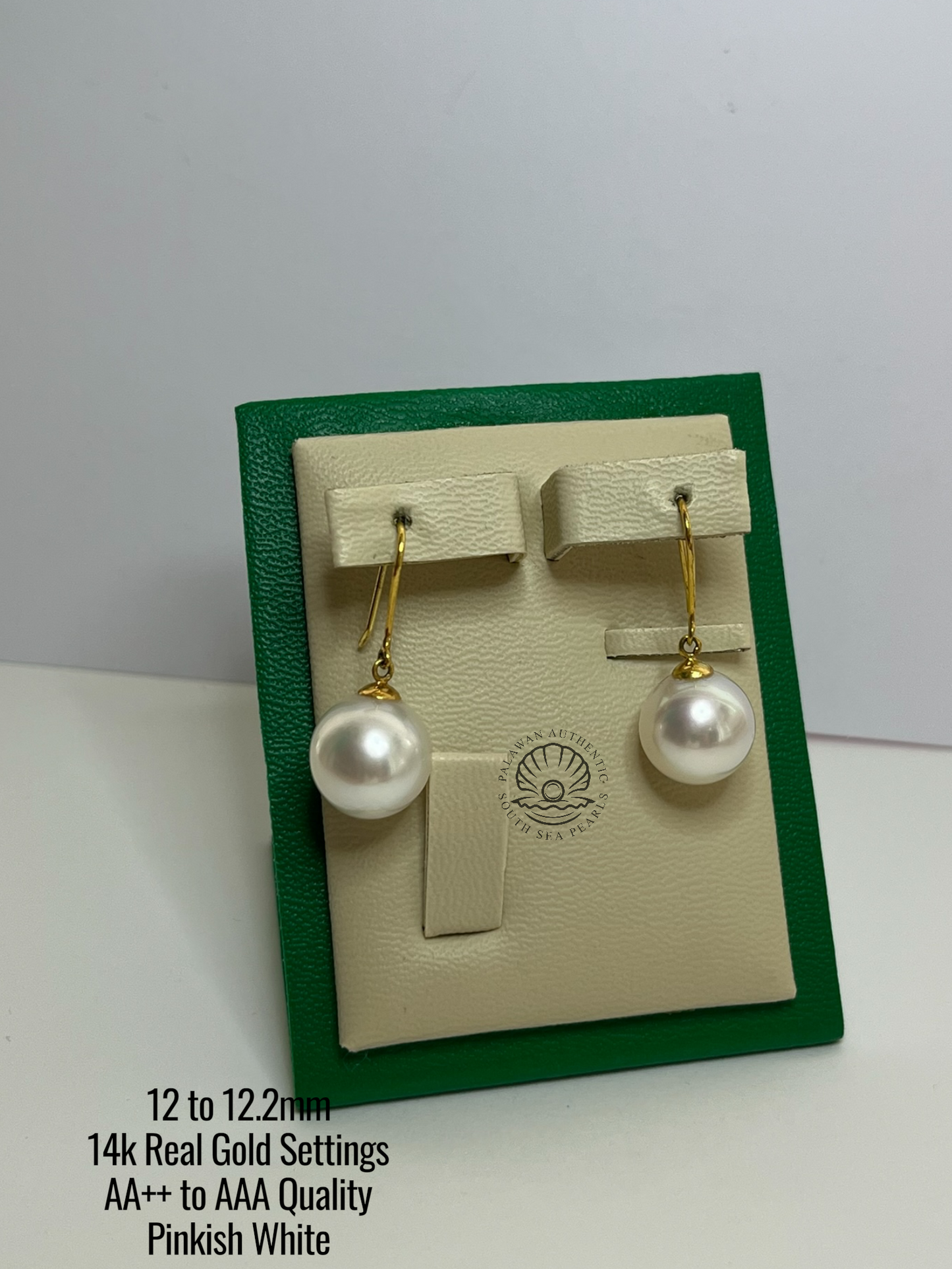 12 to 12.2mm Palawan Authentic Pinkish White Color South Sea Pearl Earrings in 14k Real Gold Settings