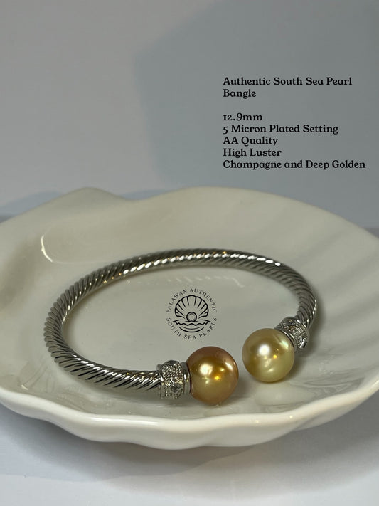 12.9mm Palawan Authentic Deep Golden and White Color South Sea Pearl Bangle in 5 Micron Plated Settings