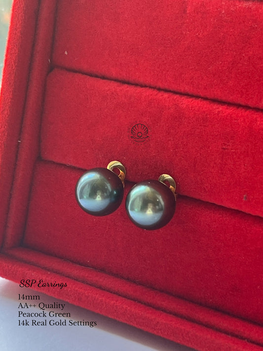 14mm Palawan Authentic Peacock Green Color South Sea Pearl Earrings in 14k Real Gold Settings