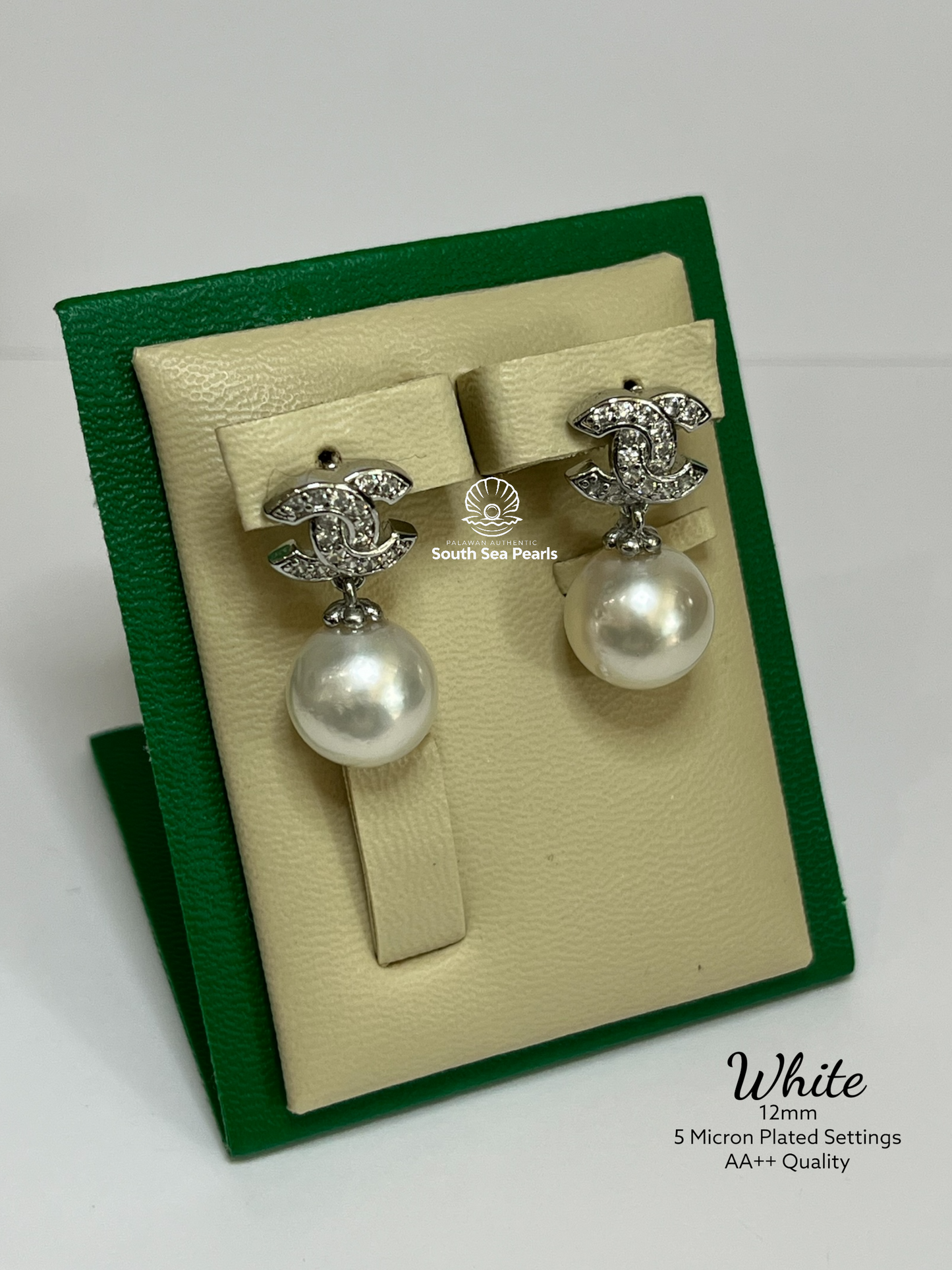 12mm Palawan Authentic White Color South Sea Pearl Earrings in 5 Micron Plated Settings