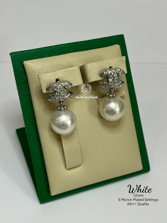 12mm Palawan Authentic White Color South Sea Pearl Earrings in 5 Micron Plated Settings