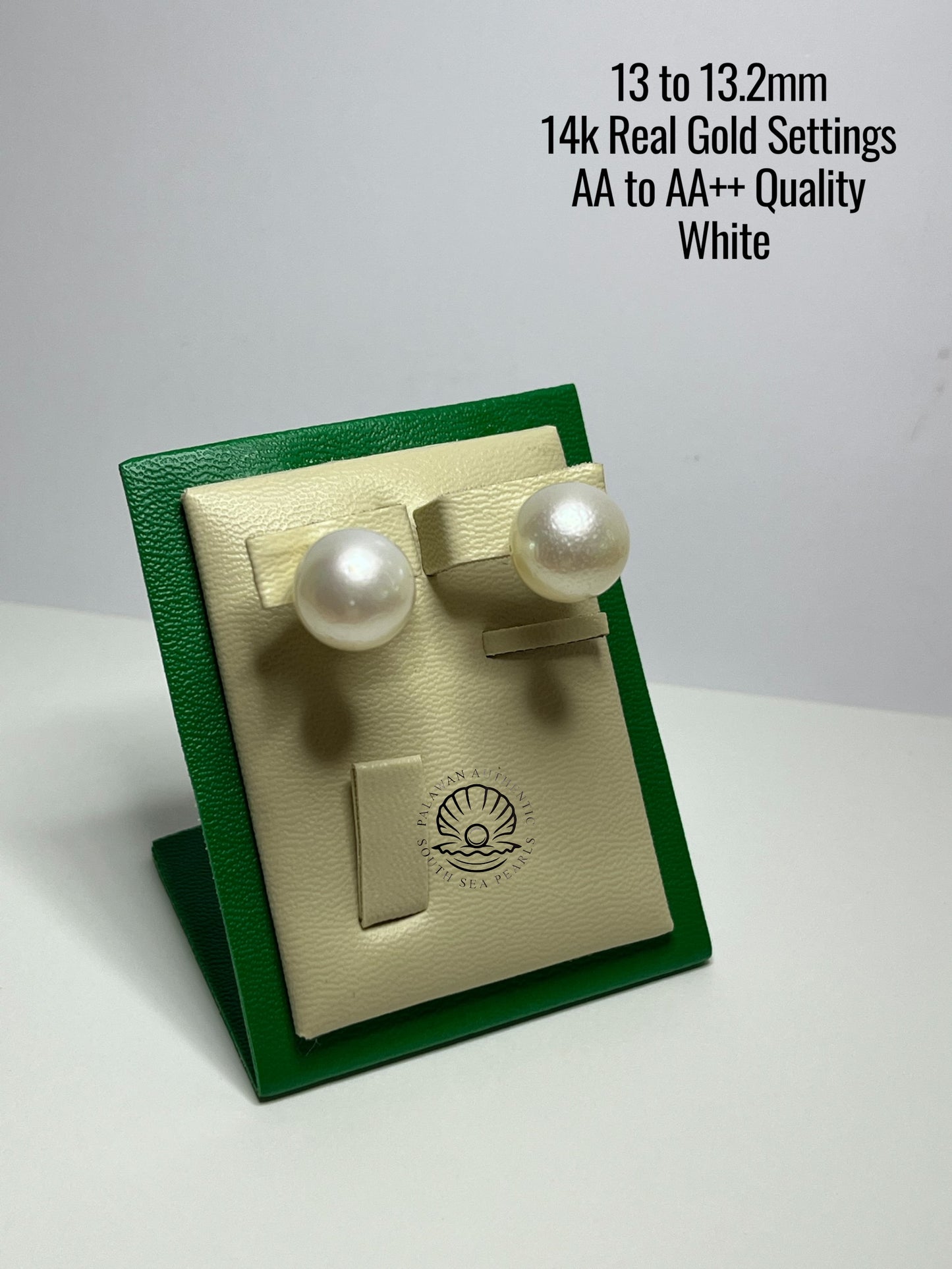13 to 13.2mm Palawan Authentic White Color South Sea Pearl Earrings in 14k Real Gold Settings