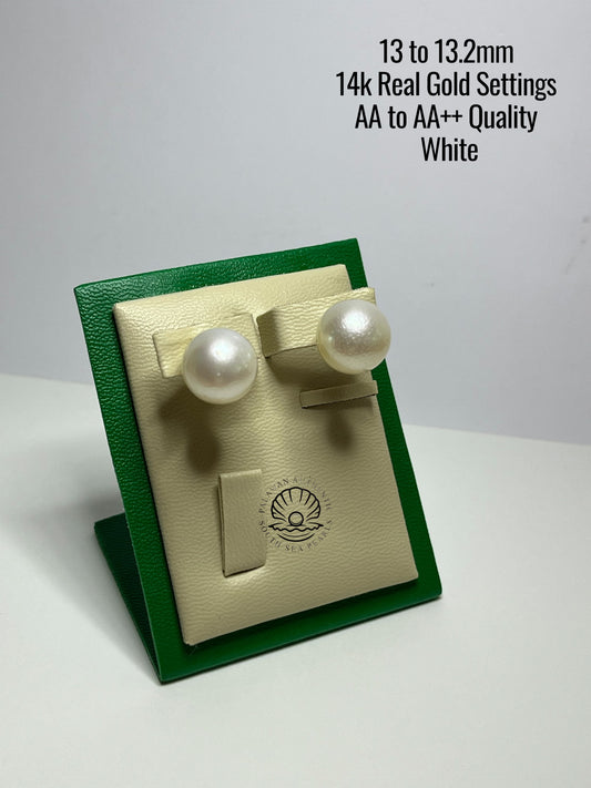 13 to 13.2mm Palawan Authentic White Color South Sea Pearl Earrings in 14k Real Gold Settings