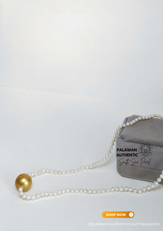 13.9mm Palawan Authentic Golden South Sea Pearl Choker in 5 Micron Lock Settings/ Akoya Chain