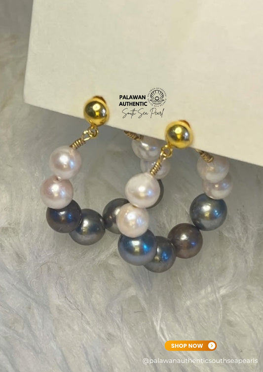 6 to 7.3mm Palawan Authentic White and Tahitian Black Color South Sea Pearl Earrings in 14k Real Gold Settings