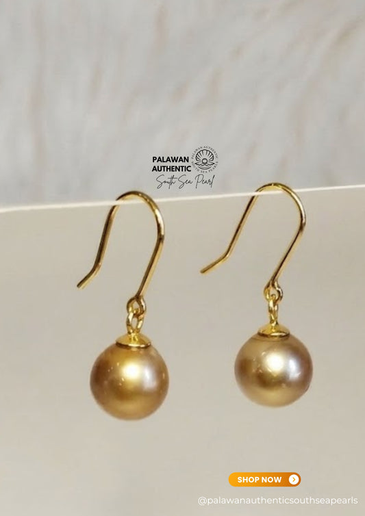 8.1mm to 8.3mm Palawan Authentic Deep Golden Color South Sea Pearl Earrings in 14k Real Gold Settings