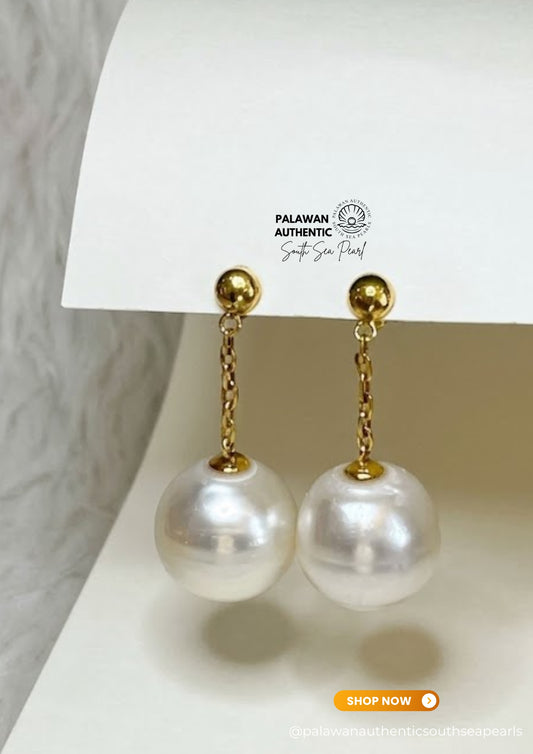15.8 to 16.1mm Palawan Authentic Silver White Color South Sea Pearl Earrings in 14k Real Gold Settings