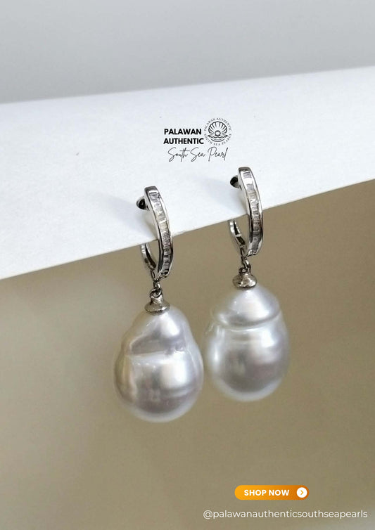 13.7/19mm Palawan Authentic Silver White Color South Sea Pearl in 14k Real Gold and Diamonds