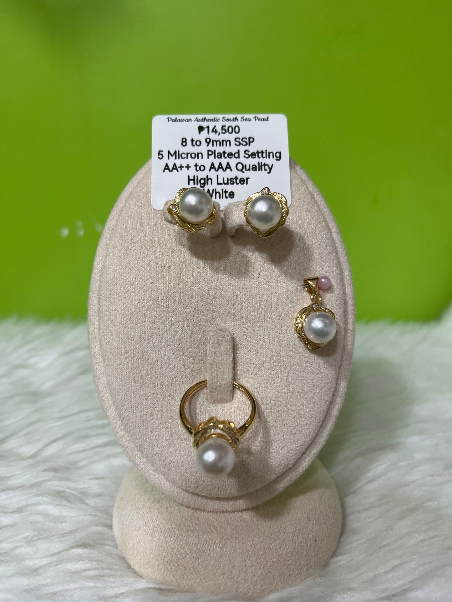 8mm to 9mm Authentic White South Sea Pearl Sets in 5 Micron Plated Settings