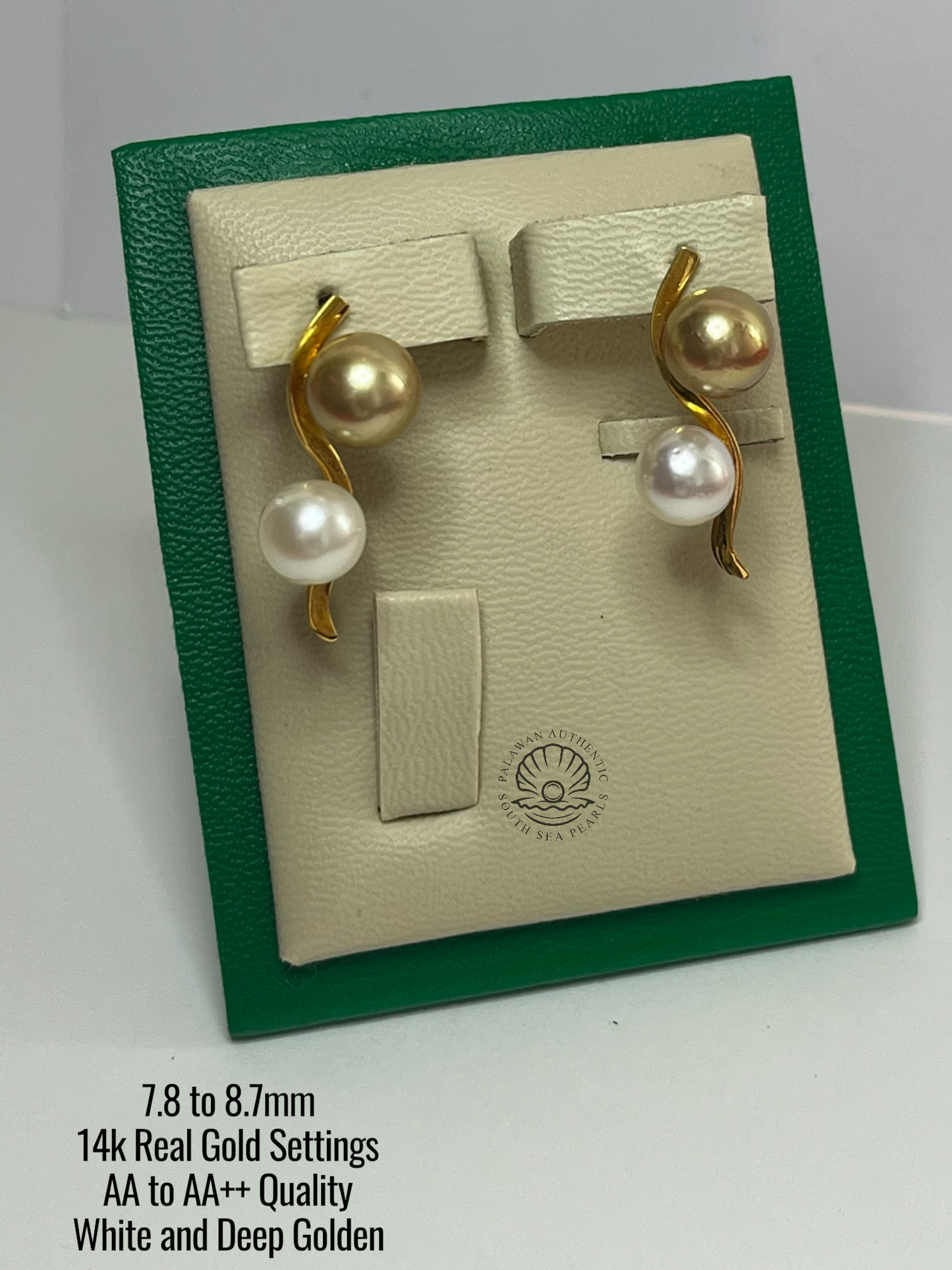 7.8 to 8.7mm Palawan Authentic White and Deep Golden Color South Sea Pearl in 14k Real Gold Settings