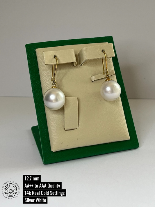 12.7mm Palawan Authentic Silver White Color South Sea Pearl Earrings in 14k Real Gold Settings