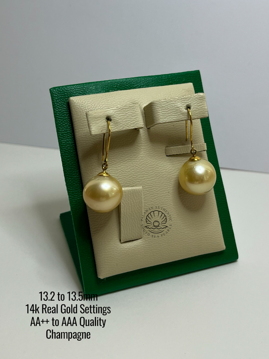 13.2 to 13.5mm Palawan Authentic Champagne Color South Sea Pearl in 14k Real Gold Settings