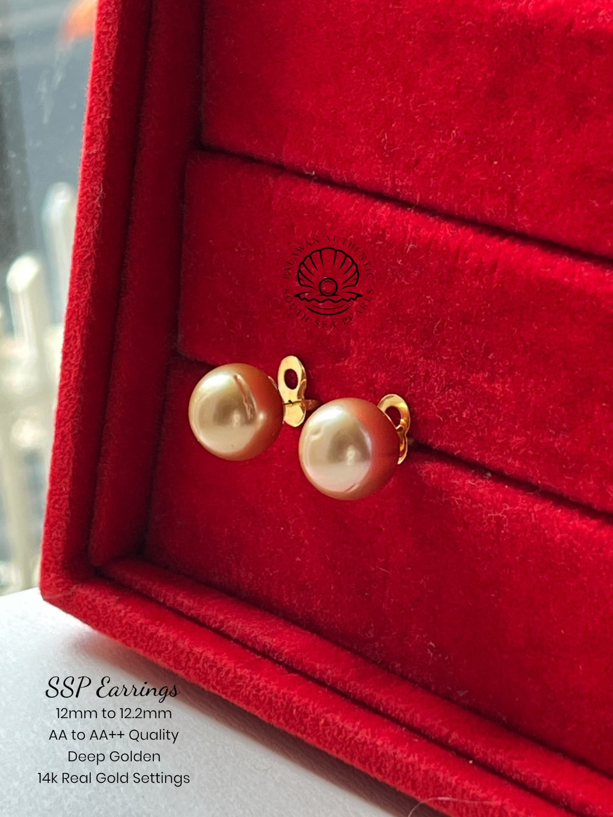 12mm to 12.2mm Palawan Authentic Deep Golden Color South Sea Pearl Earrings in 14k Real Gold Settings
