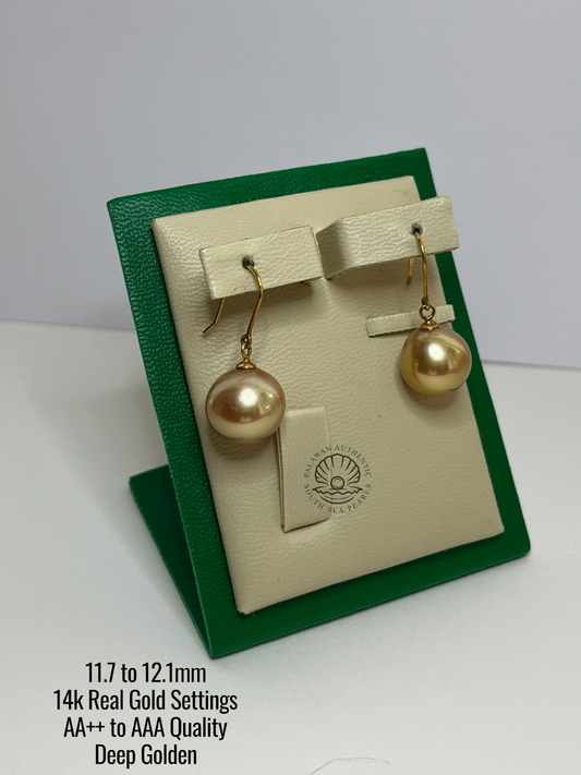 11.7 to 12.1mm Palawan Authentic Deep Golden Color South Sea Pearl Earrings in 14k Real Gold Settings