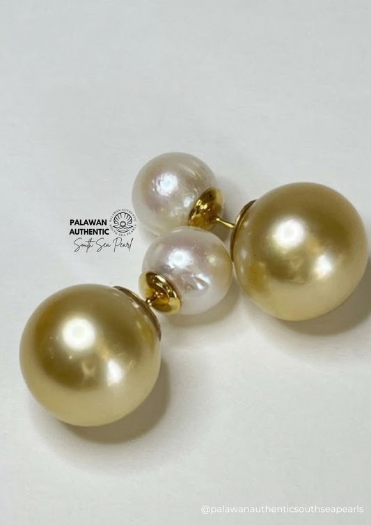 9 to 13.7mm Palawan Authentic White and Champagne Color South Sea Pearl in 14k Real Gold Settings