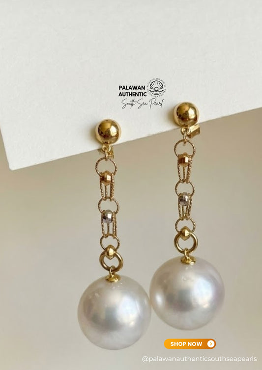 15 to 15.5mm Palawan Authentic White Color South Sea Pearl Earrings in 14k and 18k Real Gold Settings