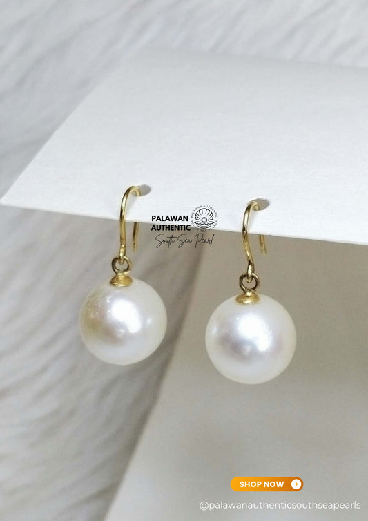 12.4 to 12.5mm Palawan Authentic Pinkish White Color South Sea Pearl Earrings in 14k Real Gold Settings
