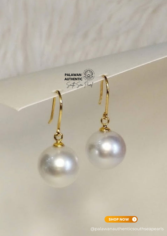 12 to 12.1mm Palawan Authentic Silver White Color South Sea Pearl Earrings in 14k Real Gold Settings