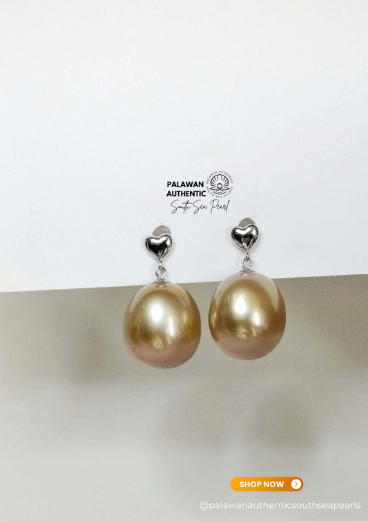 12.8/14.6mm Palawan Authentic Deep Golden Color South Sea Pearl in 18k Real Gold Settings