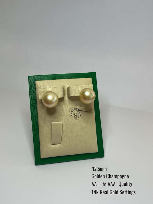12.5mm Palawan Authentic Golden Champagne South Sea Pearl Earrings in 14k Real Gold Settings