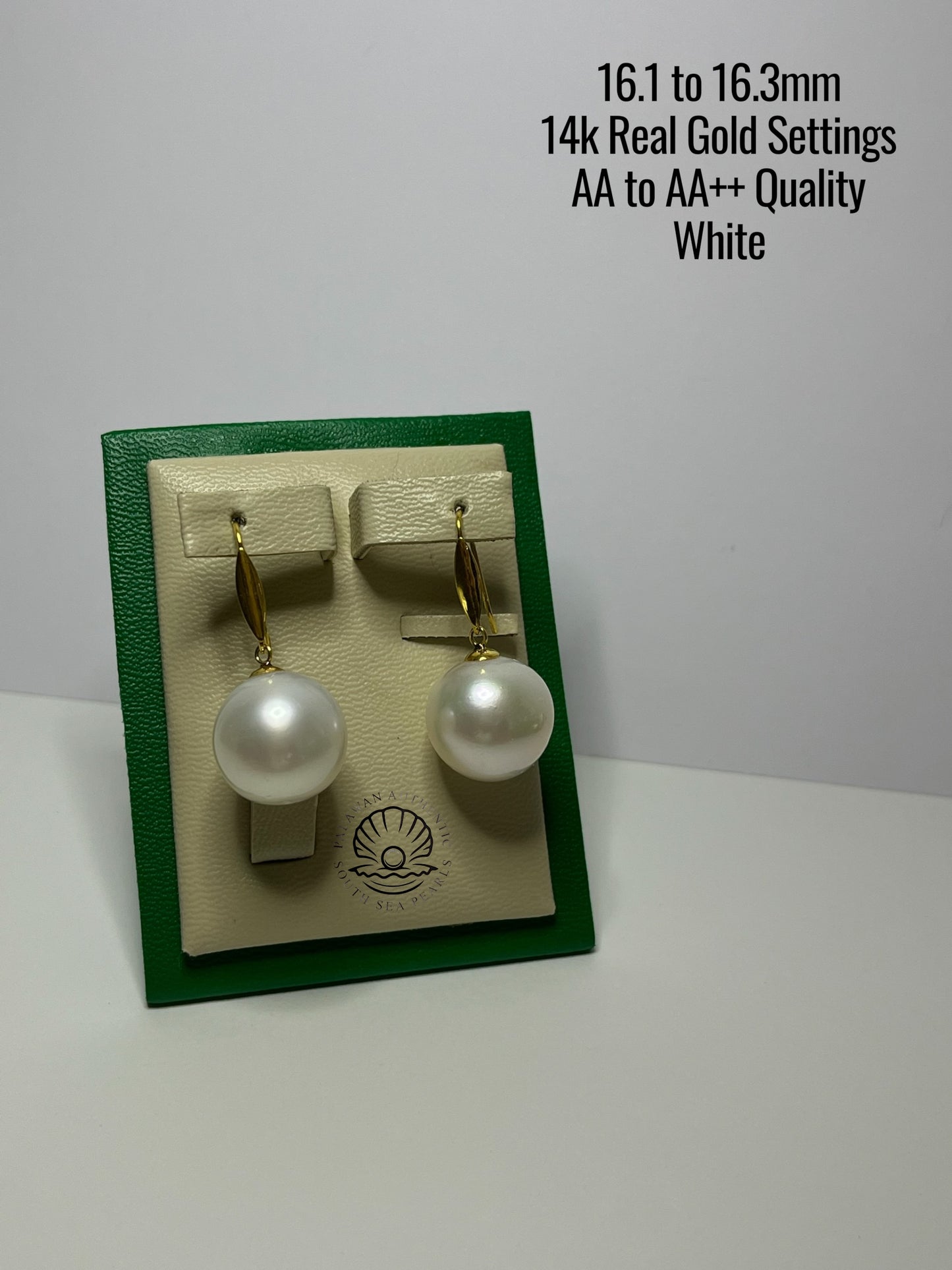 16.1 to 16.3mm Palawan Authentic White Color South Sea Pearl Earrings in 14k Real Gold Settings