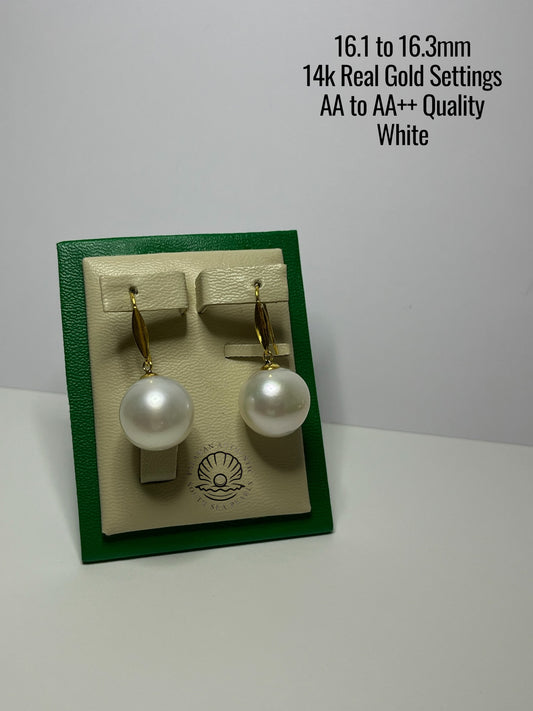 16.1 to 16.3mm Palawan Authentic White Color South Sea Pearl Earrings in 14k Real Gold Settings
