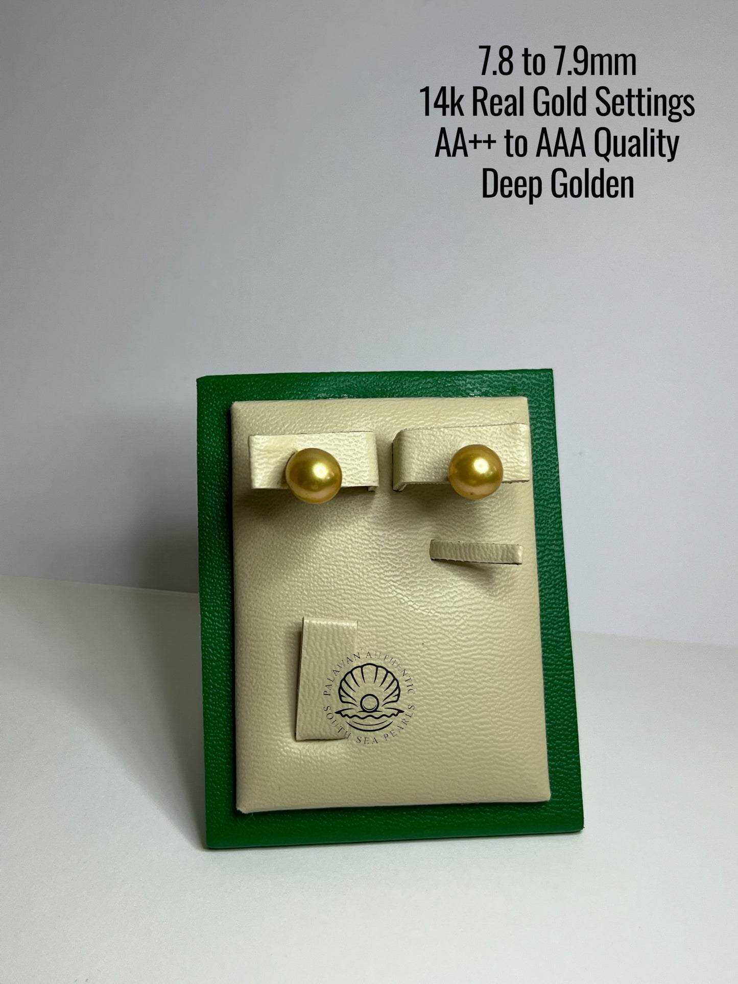 7.8 to 7.9mm Palawan Authentic Deep Golden Color South Sea Pearl Earrings in 14k Real Gold Settings
