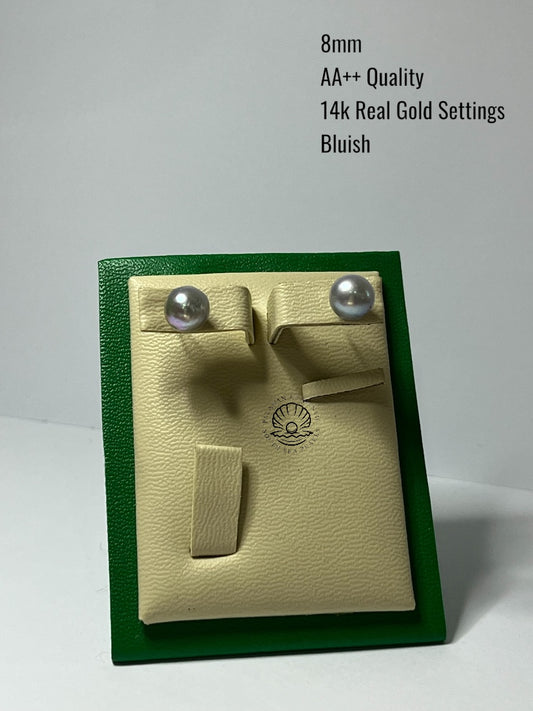 8mm Palawan Authentic Bluish Color South Sea Pearl Earrings  in 14k Real Gold Settings