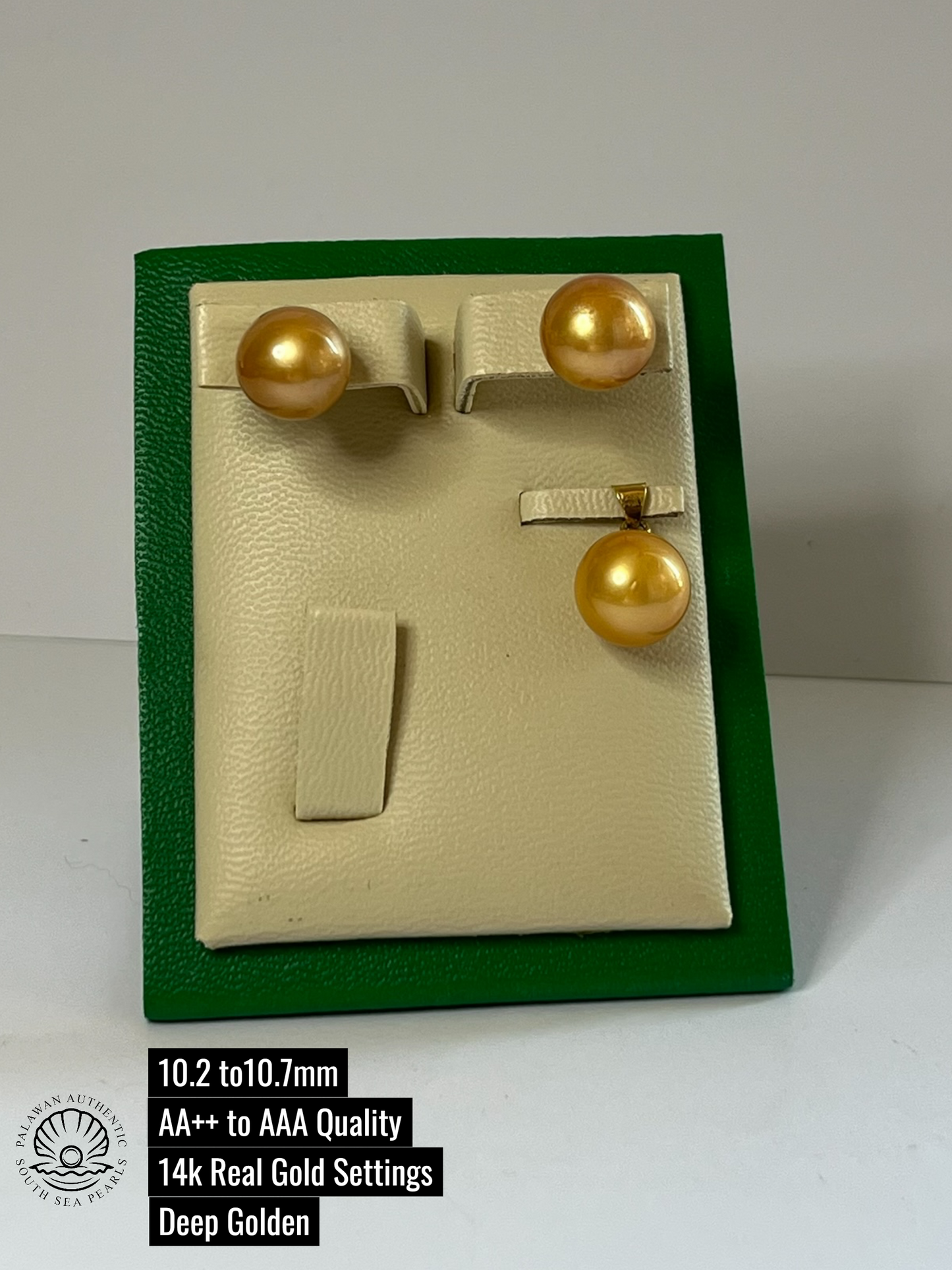 10.2 to 10.7mm Palawan Authentic Deep Golden Color South Sea Pearl Sets in 14k Real Gold Settings