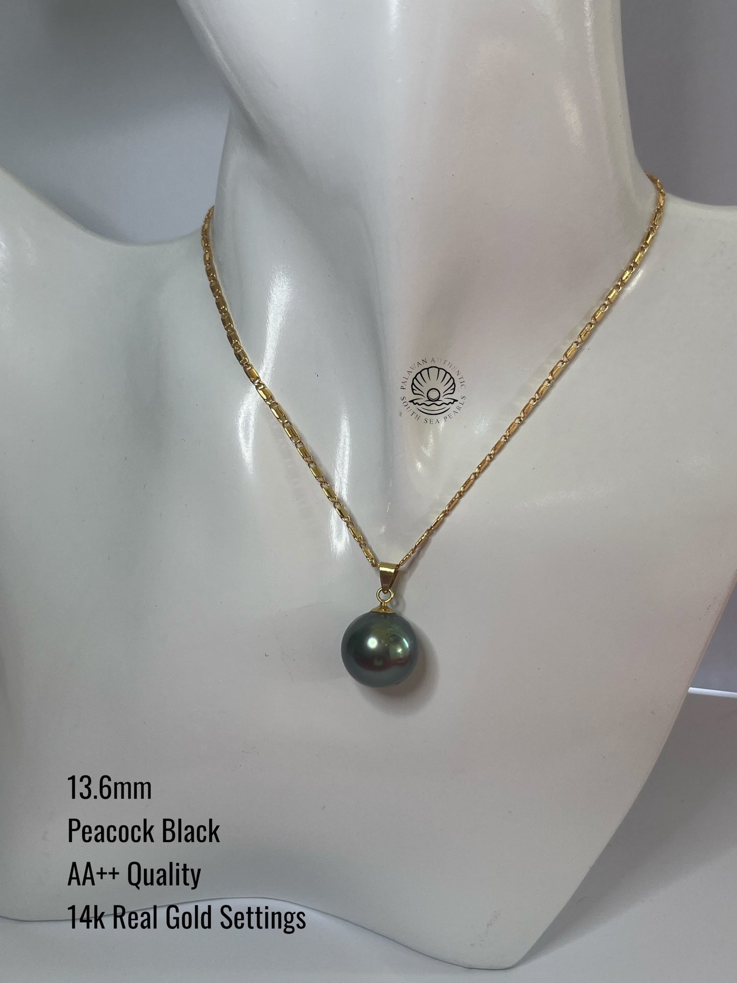 13.6mm Palawan Authentic Peacock Black Color South Sea Pearl Pendant in 14k Real Gold Settings
