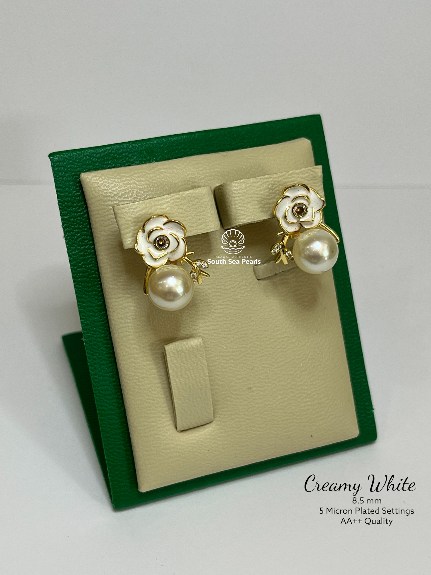8.5mm Palawan Authentic Creamy White Color South Sea Pearl Earrings in 5 Micron Plated Settings